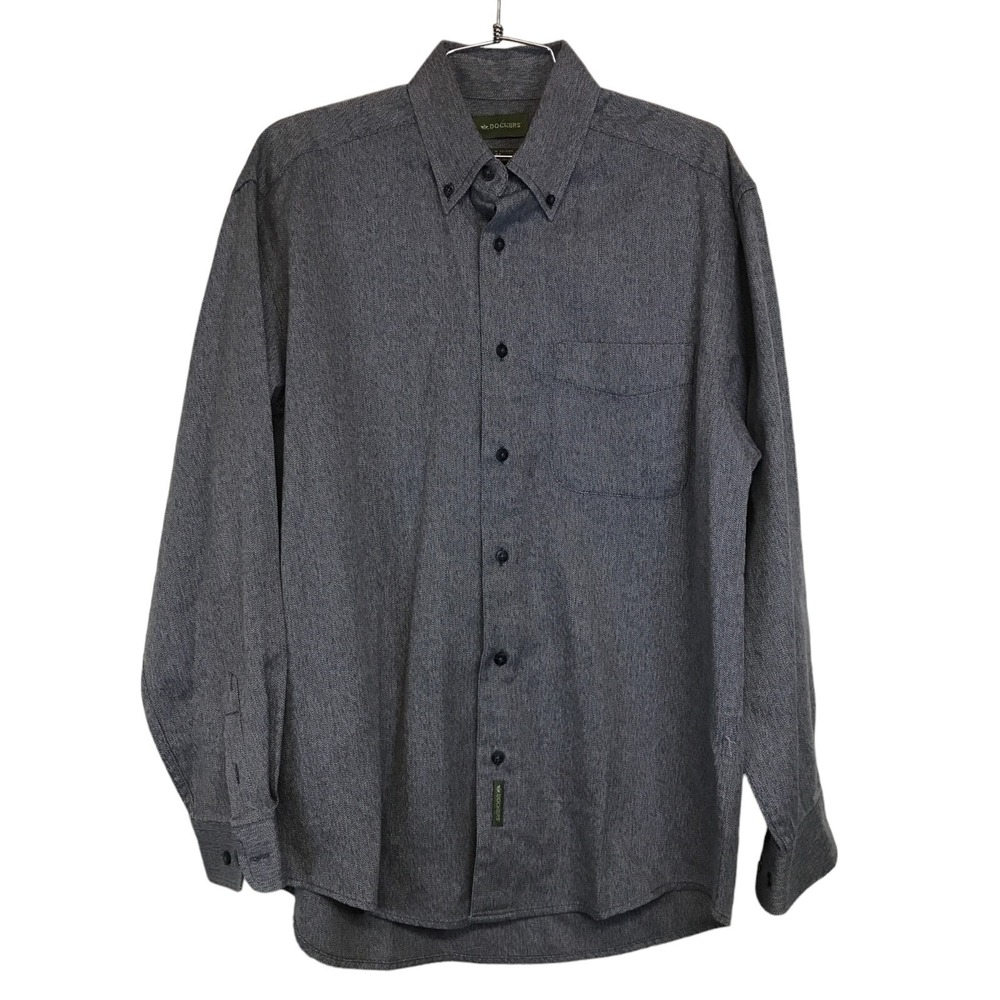 Dockers Mens Medium Grey Herringbone Button Down Shirt 100% Cotton Long Sleeve
